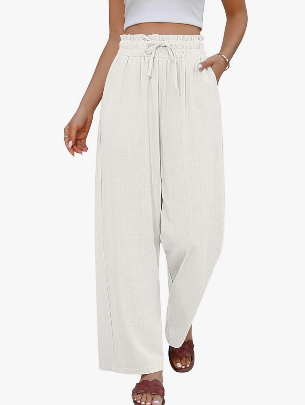 Linen Pants Women Wide Leg High Waist Drawstring Palazzo Summer Casual